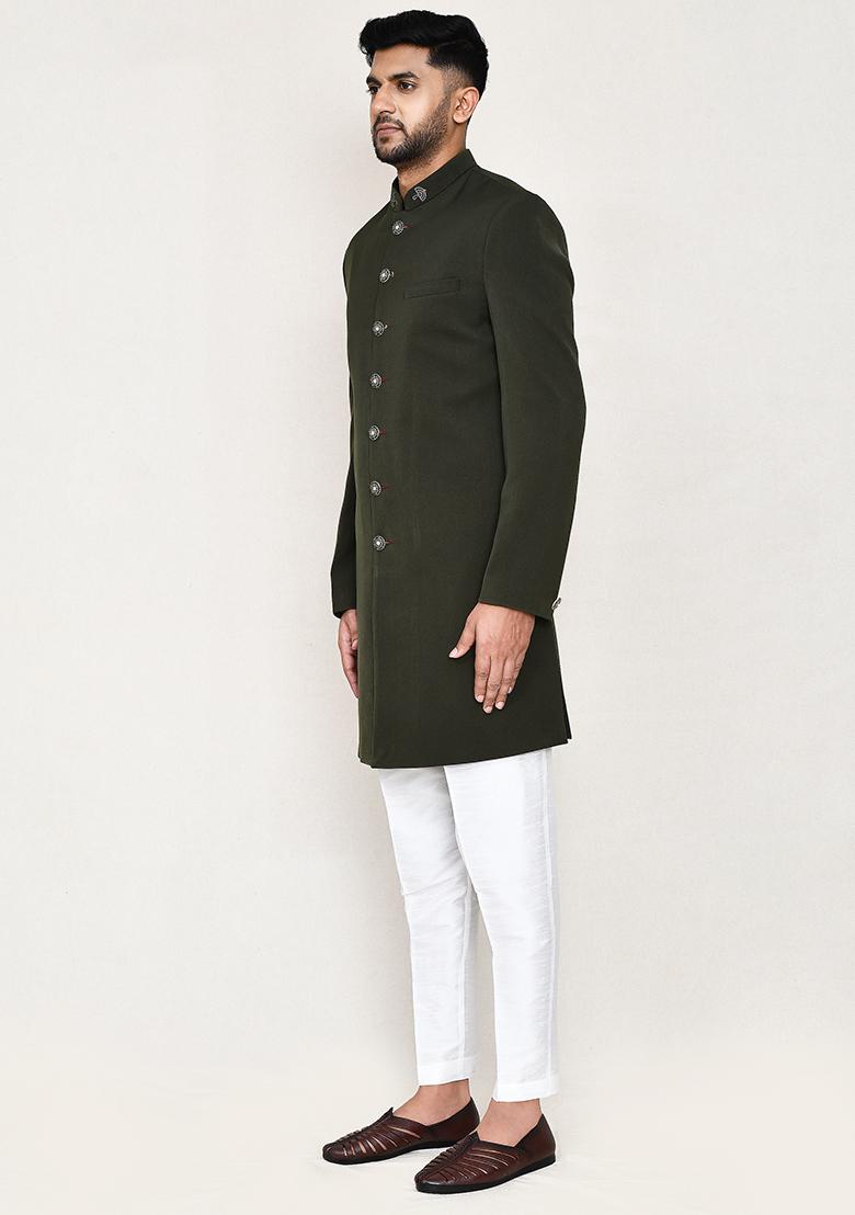 Cream Embroidered Rayon Indowestern Sherwani Set For Men