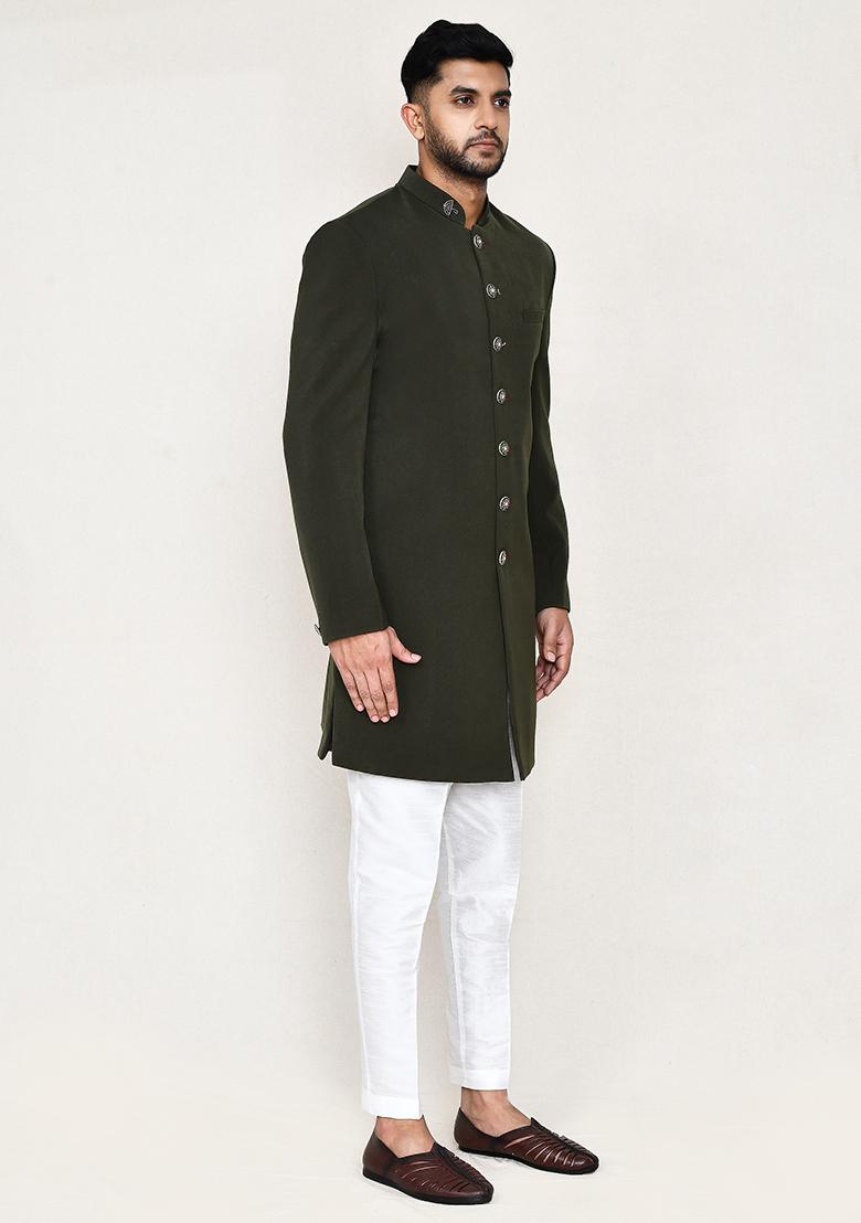 Cream Embroidered Rayon Indowestern Sherwani Set For Men