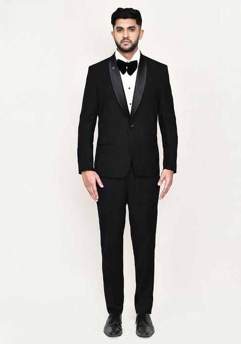 Black Jacquard Satin Silk Suit Set For Men