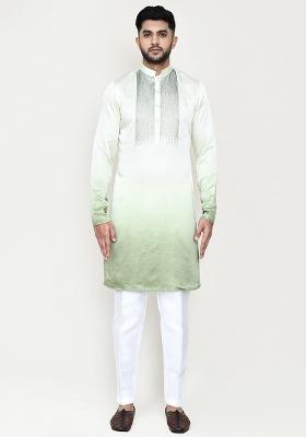 Pista Green Embroidered Satin Silk Kurta Set For Men