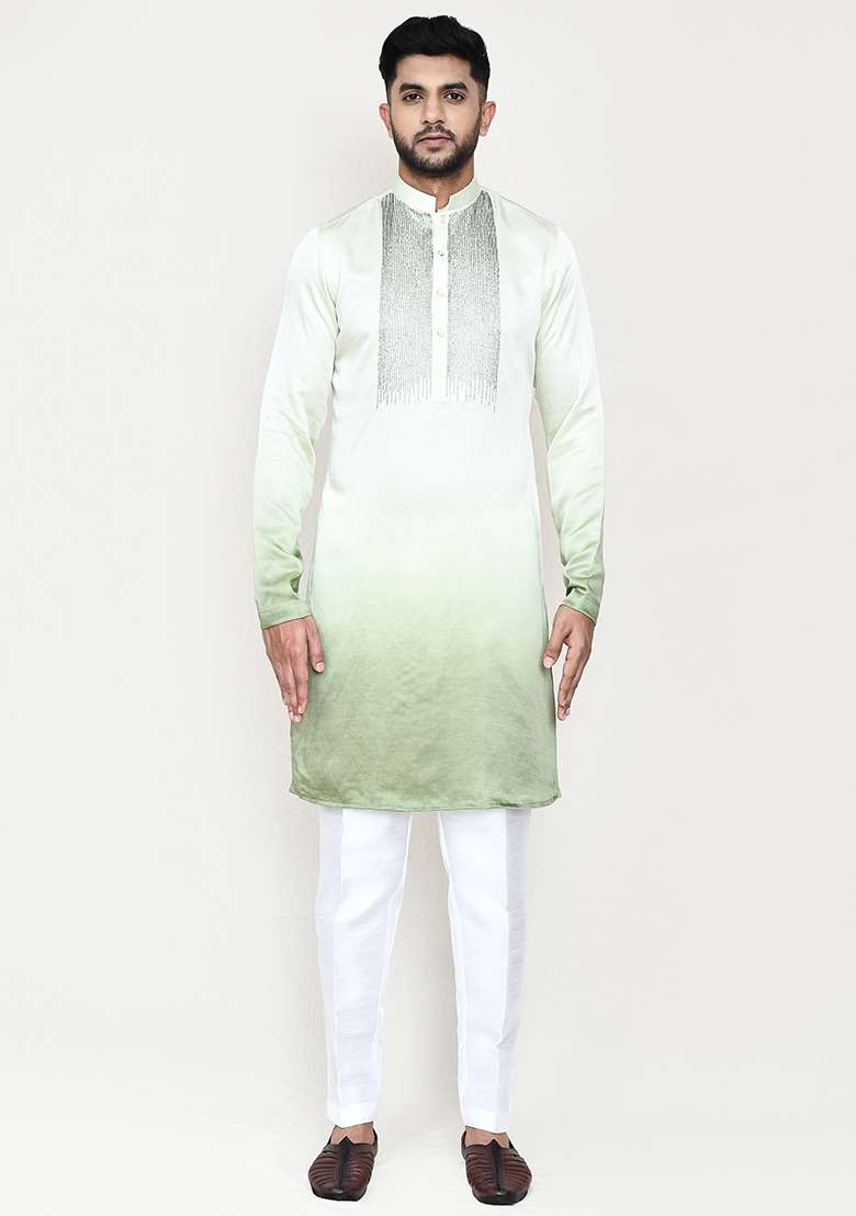 Pista Green Embroidered Satin Silk Kurta Set For Men - Indya