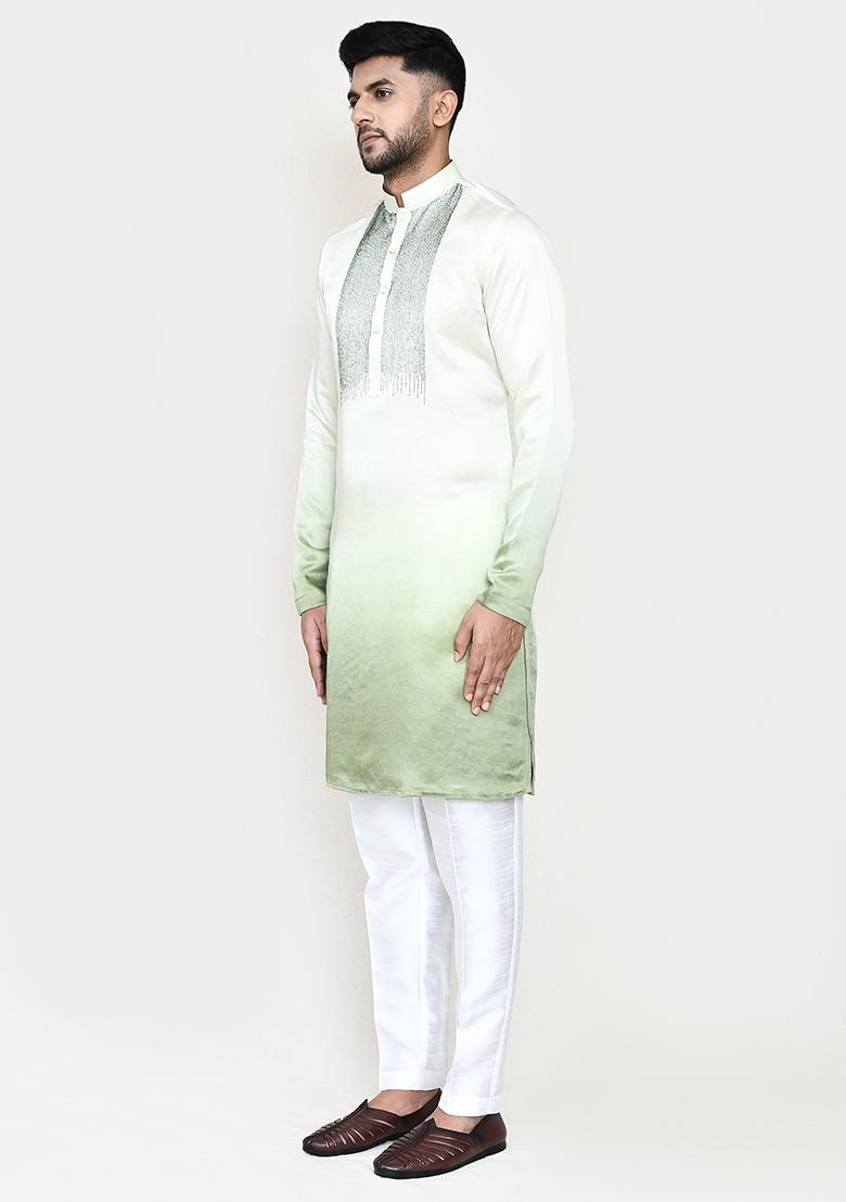 Pista Green Embroidered Satin Silk Kurta Set For Men