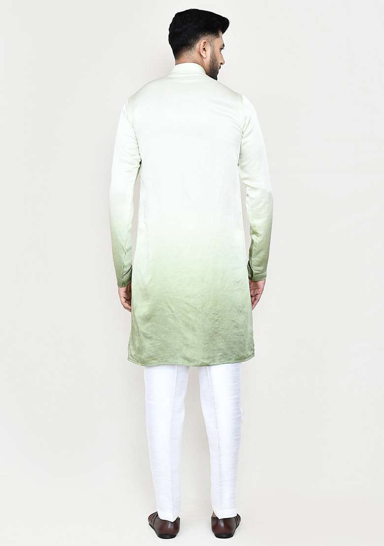 Pista Green Embroidered Satin Silk Kurta Set For Men - Indya