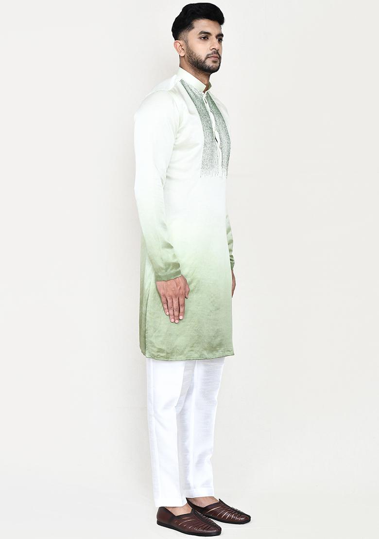 Pista Green Embroidered Satin Silk Kurta Set For Men