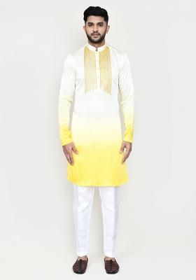 Yellow Embroidered Satin Silk Kurta Set For Men