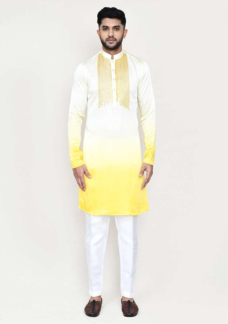 Yellow Embroidered Satin Silk Kurta Set For Men - Indya