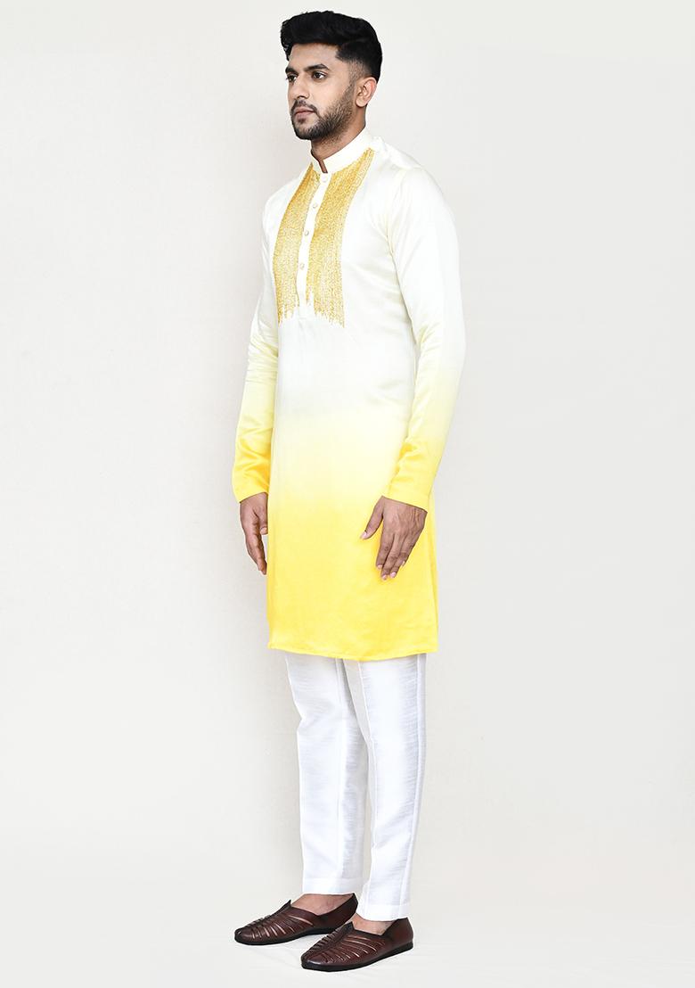 Yellow Embroidered Satin Silk Kurta Set For Men