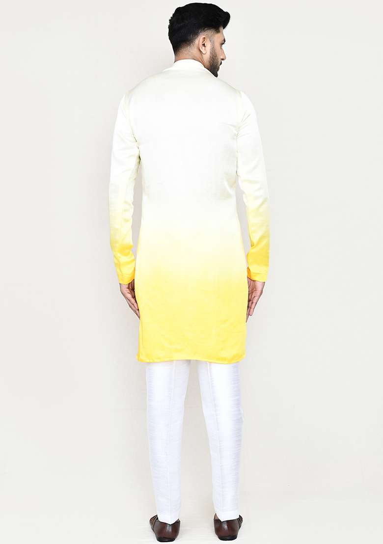 Yellow Embroidered Satin Silk Kurta Set For Men - Indya