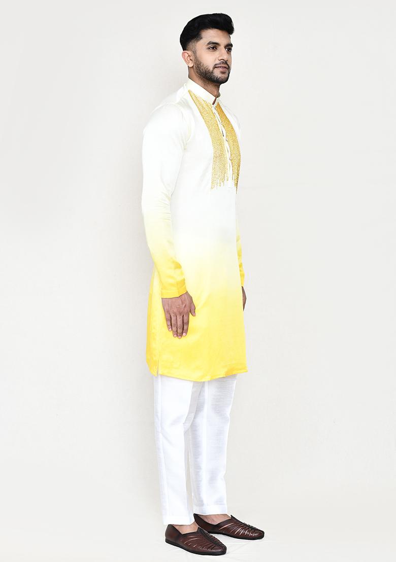Yellow Embroidered Satin Silk Kurta Set For Men