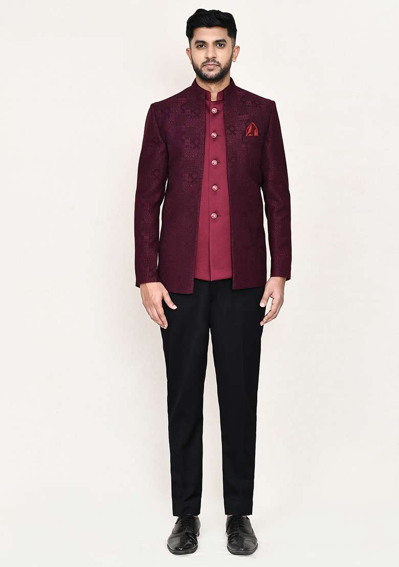 Maroon Jacquard Jacquard Silk Nehru Jacket Set For Men - Indya