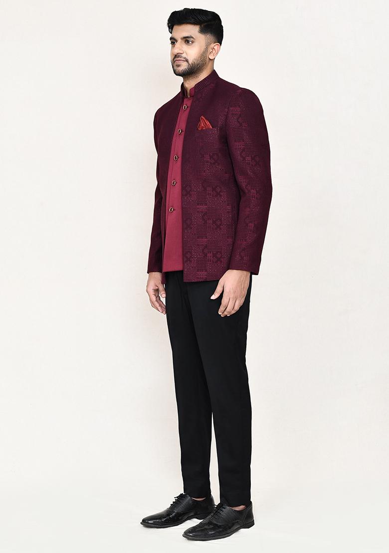 Maroon Jacquard Jacquard Silk Nehru Jacket Set For Men