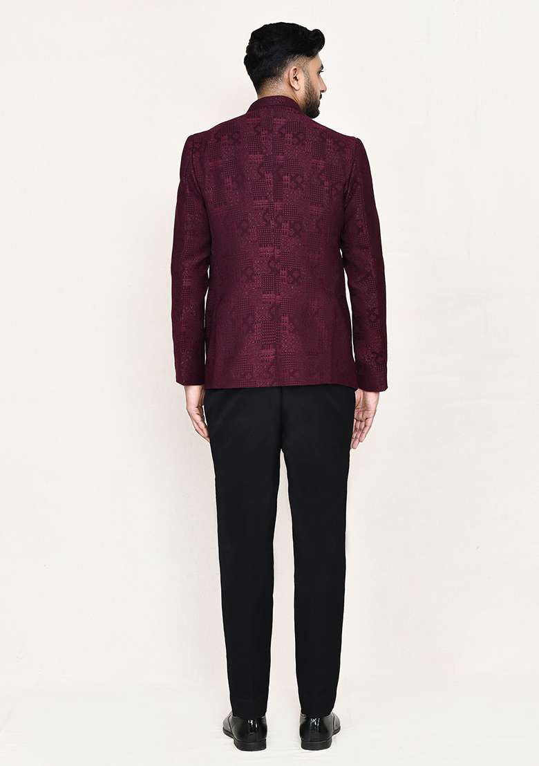 Maroon Jacquard Jacquard Silk Nehru Jacket Set For Men - Indya