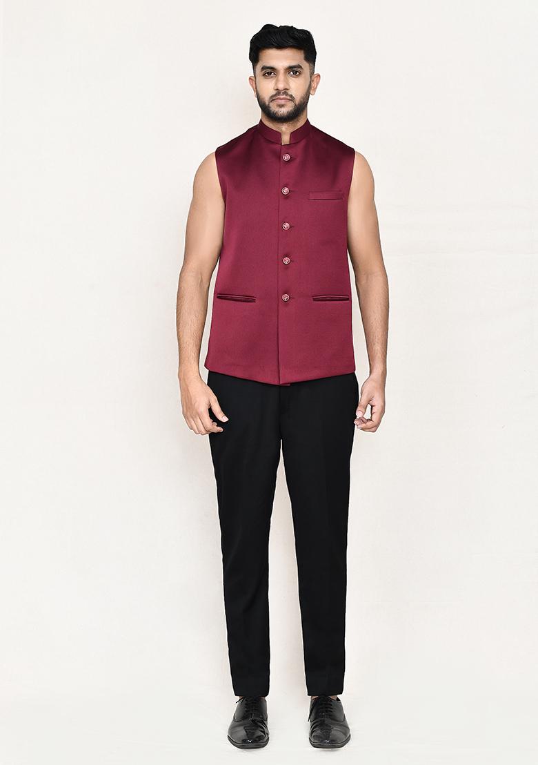 Maroon Jacquard Jacquard Silk Nehru Jacket Set For Men