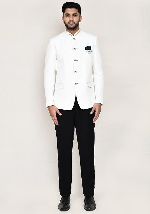 White Embroidered Cotton Suit Set For Men