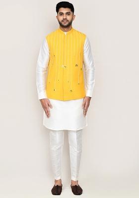 White Thread Work Art Silk Nehru Jacket Set For Men