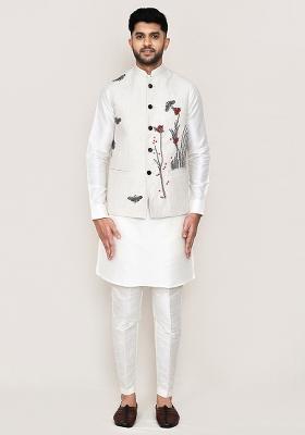 White Butterfly Work Art Silk Nehru Jacket Set For Men