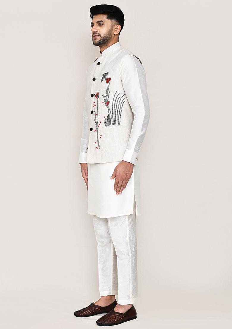 White Butterfly Work Art Silk Nehru Jacket Set For Men