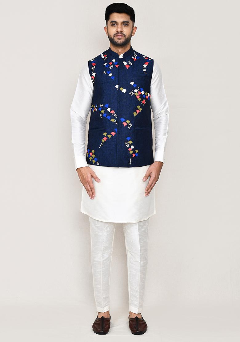 White Thread Work Art Silk Nehru Jacket Set For Men