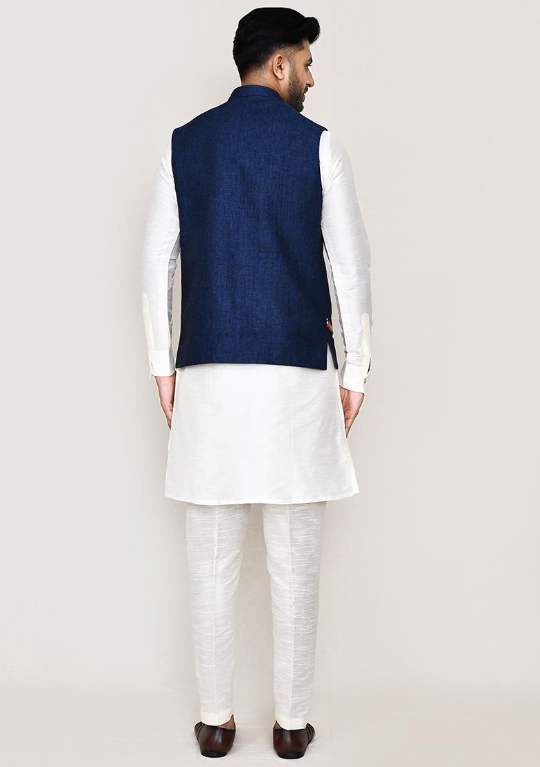 White Thread Work Art Silk Nehru Jacket Set For Men