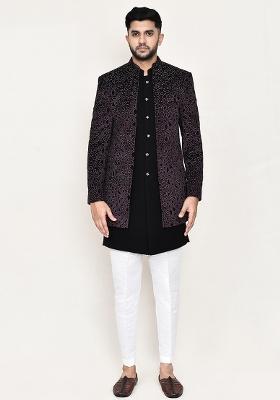 Black Self Design Velvet Indowestern Sherwani Set For Men