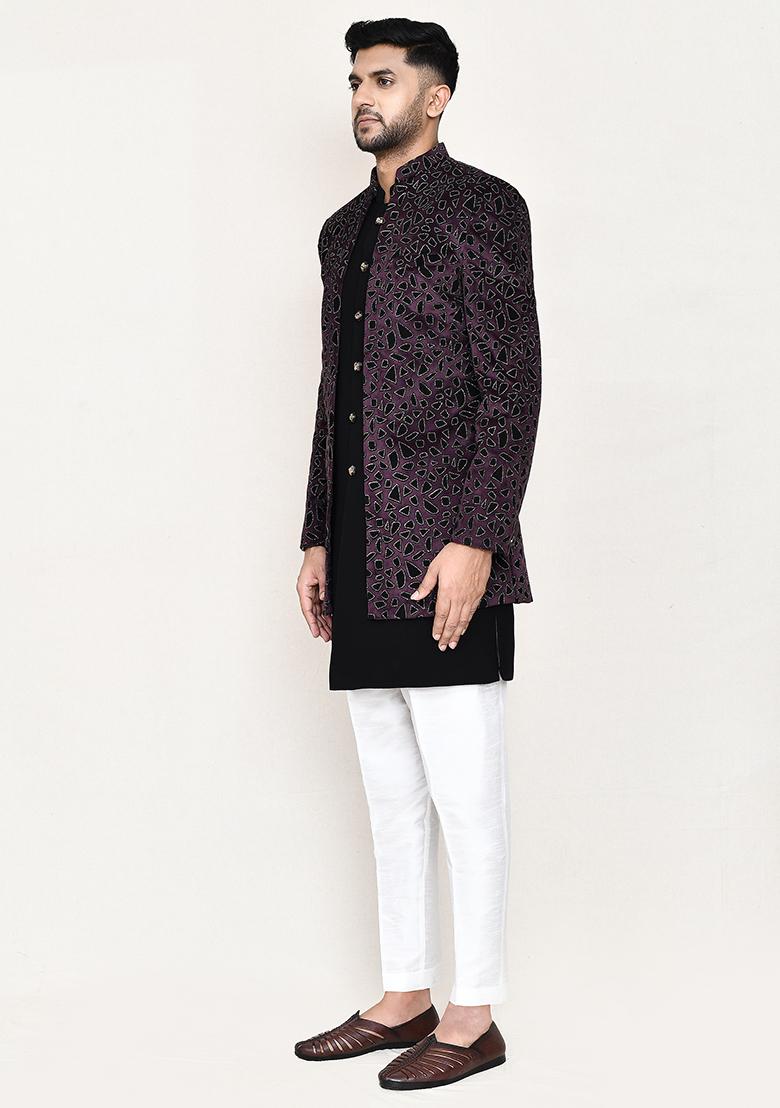 Black Self Design Velvet Indowestern Sherwani Set For Men