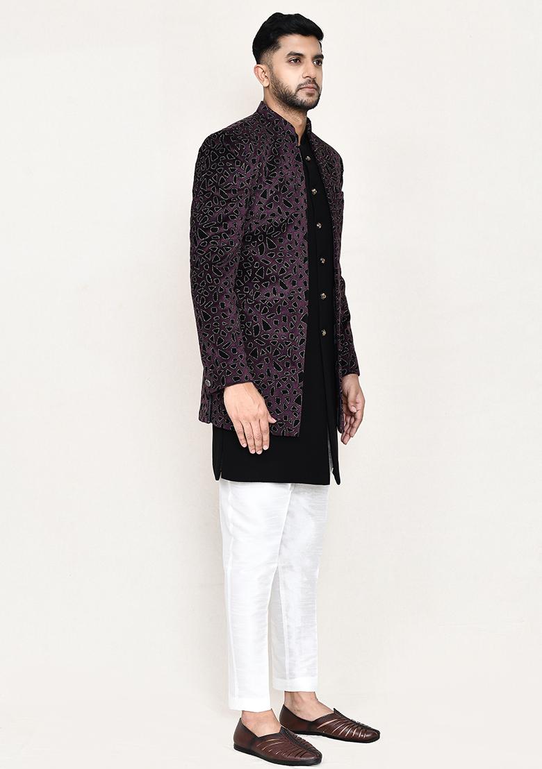 Black Self Design Velvet Indowestern Sherwani Set For Men