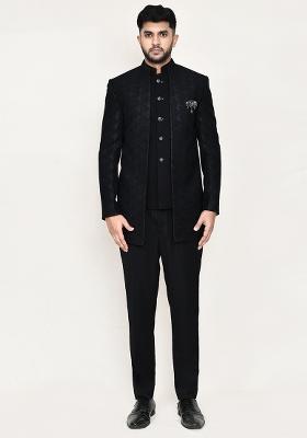 Black Jacquard Polyester Nehru Jacket Set For Men