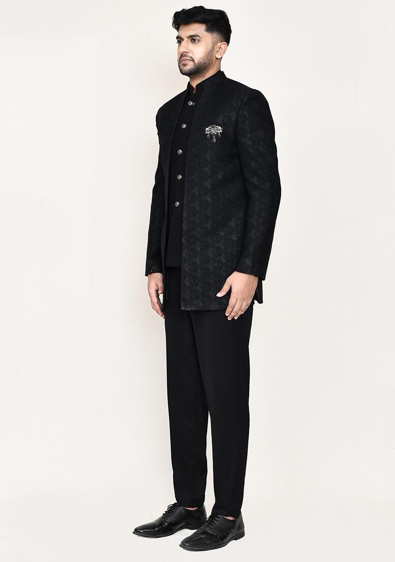 Black Jacquard Polyester Nehru Jacket Set For Men