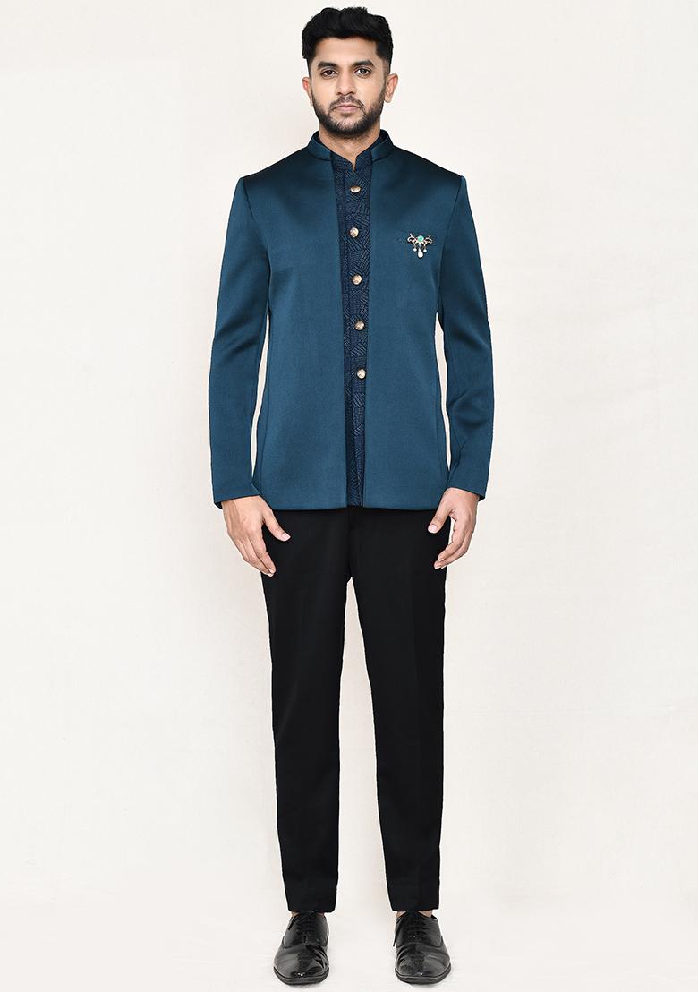 Teal Green Thread Work Polyester Nehru Jacket Set For Men