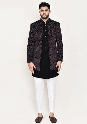 Black Embroidered Velvet Indowestern Sherwani Set For Men