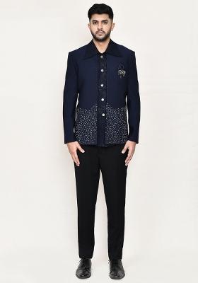 Navy Blue Geometry Work Rayon Nehru Jacket Set For Men
