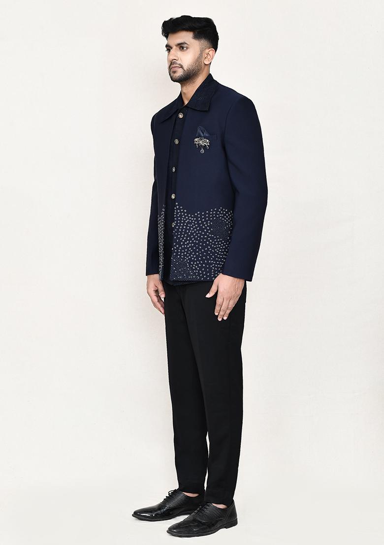 Navy Blue Geometry Work Rayon Nehru Jacket Set For Men