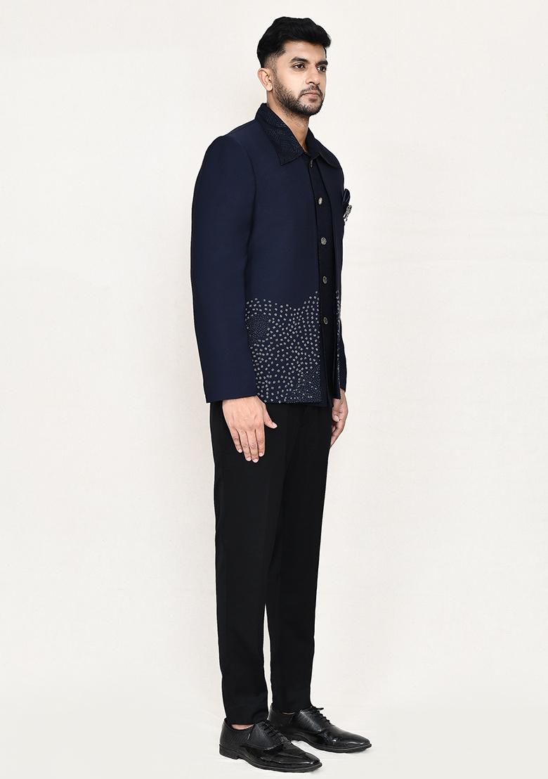 Navy Blue Geometry Work Rayon Nehru Jacket Set For Men