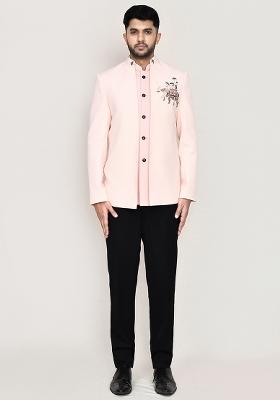 Peach  Elephant Work Polyester Nehru Jacket Set For Men