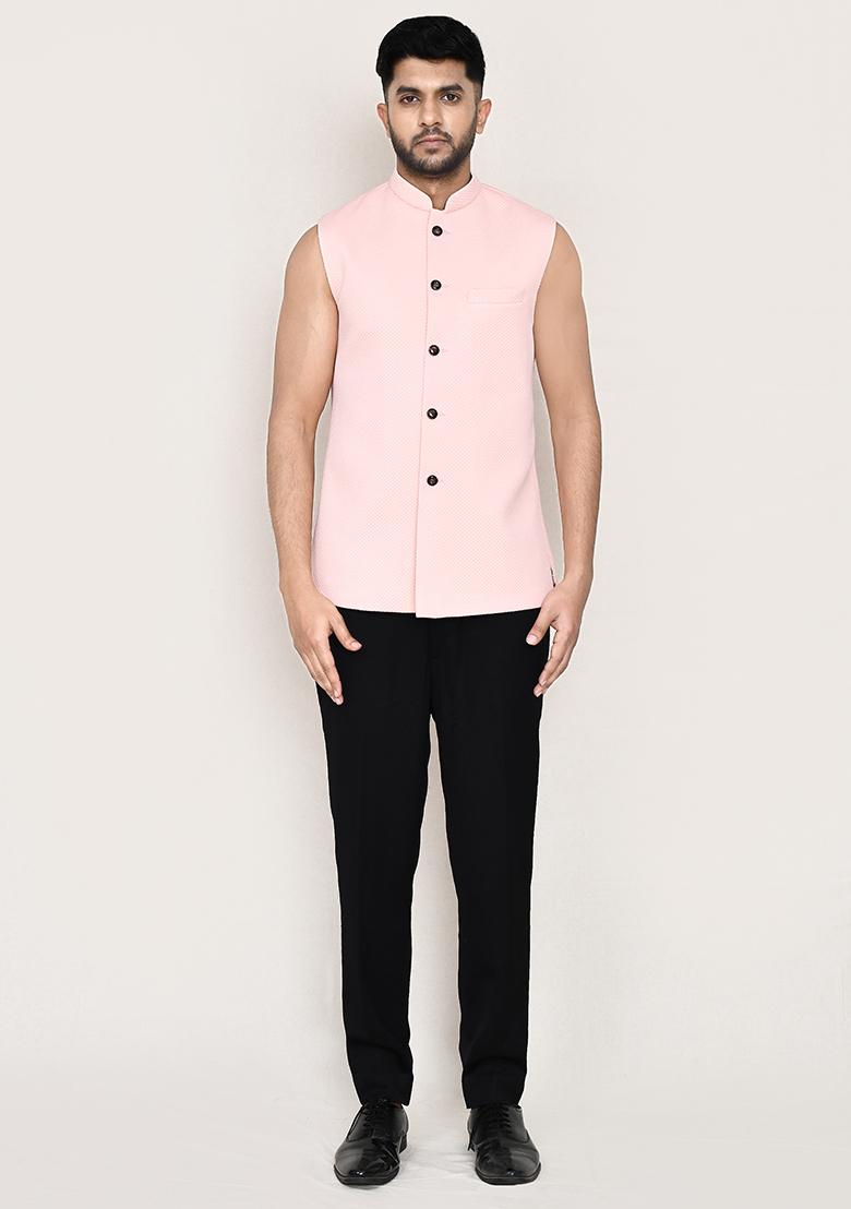 Peach  Elephant Work Polyester Nehru Jacket Set For Men