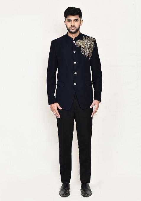 Navy Blue Lion Work Rayon Suit Set For Men