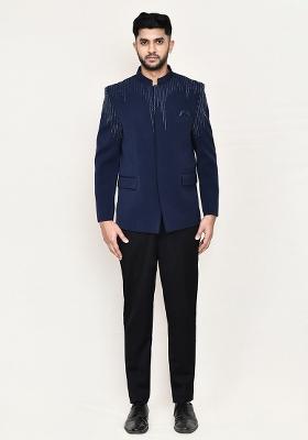 Navy Blue Embroidered Rayon Suit Set For Men