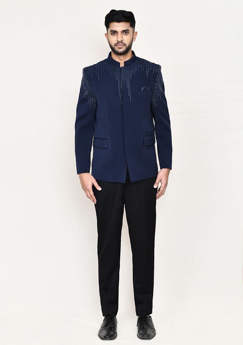 Navy Blue Embroidered Rayon Suit Set For Men