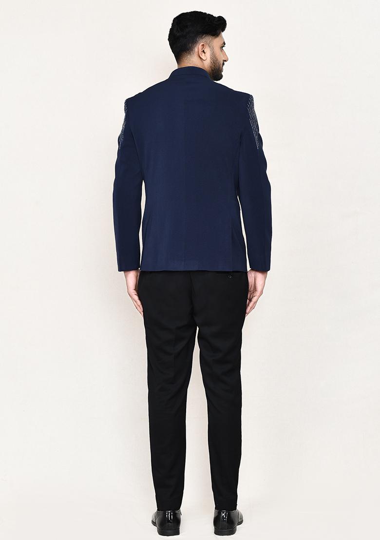 Navy Blue Embroidered Rayon Suit Set For Men