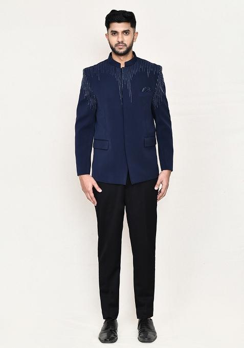 Navy Blue Embroidered Rayon Suit Set For Men