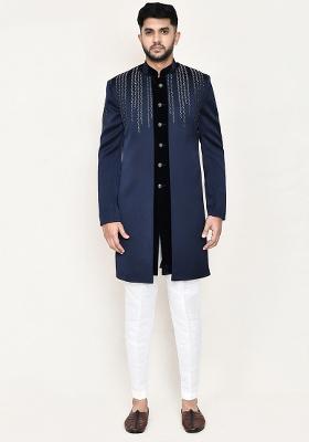 Navy Blue Embroidered Velvet Indowestern Sherwani Set For Men