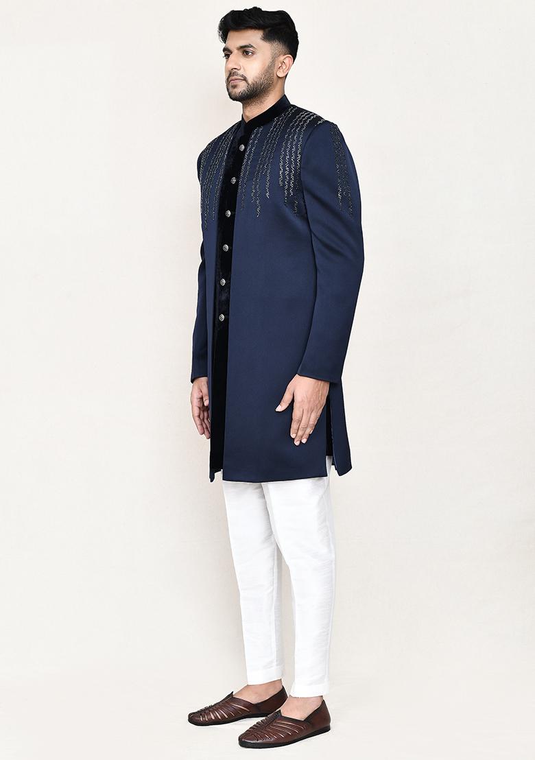 Navy Blue Embroidered Velvet Indowestern Sherwani Set For Men