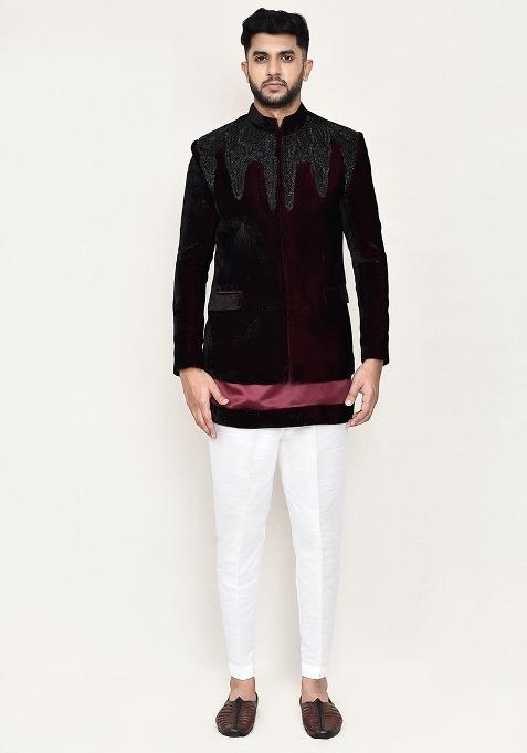 Maroon Embroidered Satin Silk Suit Set For Men