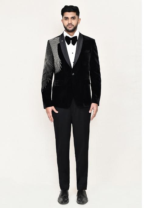 White Embroidered Satin Silk Suit Set For Men