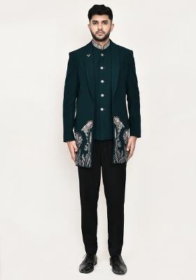 Teal Green Embroidered Polyester Nehru Jacket Set For Men