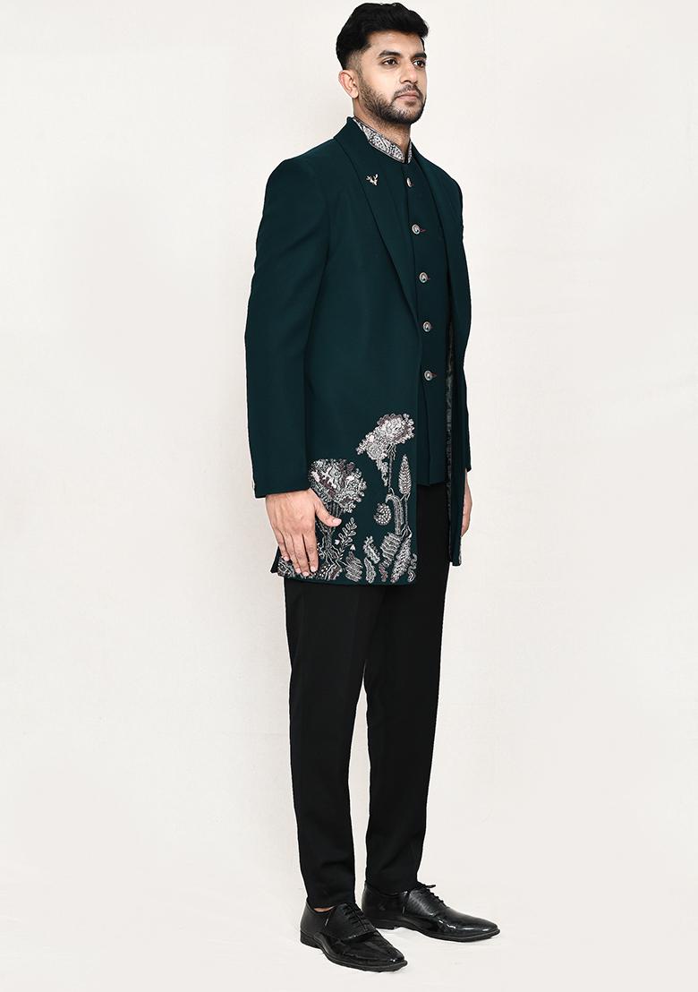 Teal Green Embroidered Polyester Nehru Jacket Set For Men