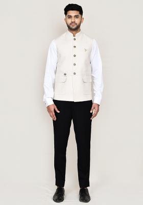 Cream Plain  Cotton Nehru Jacket  For Men
