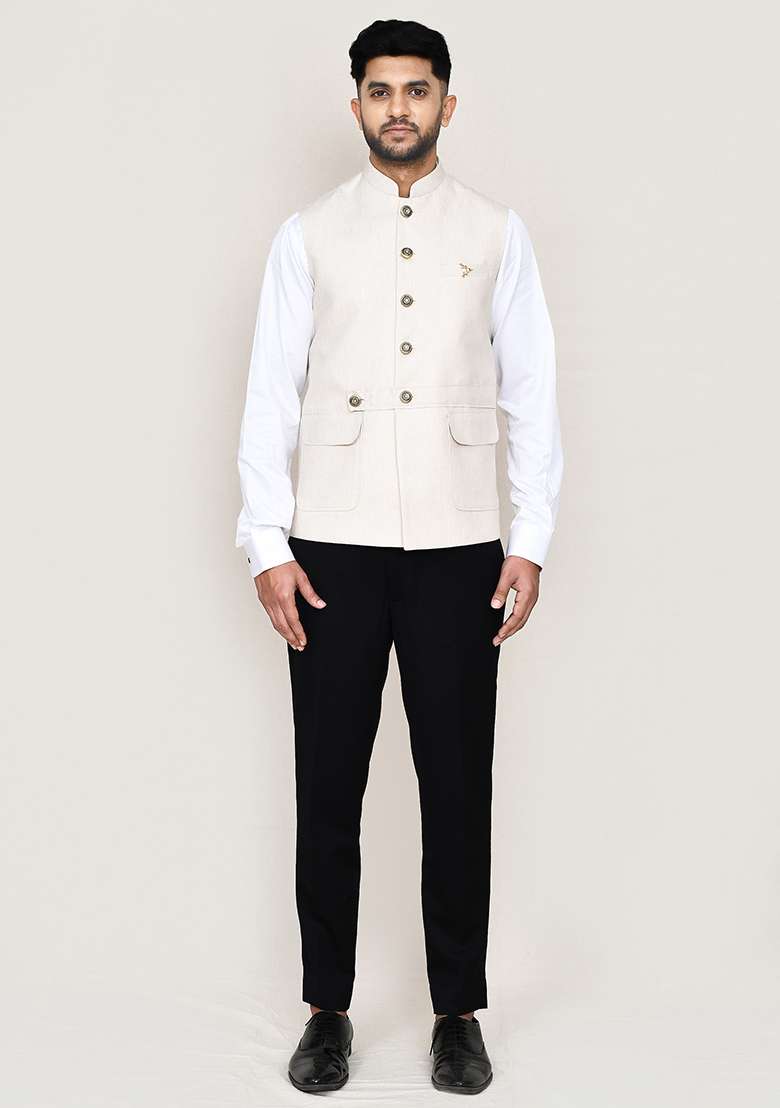 Cream Plain  Cotton Nehru Jacket  For Men - Indya