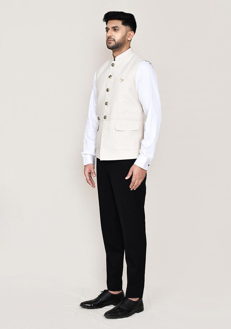 Cream Plain  Cotton Nehru Jacket  For Men