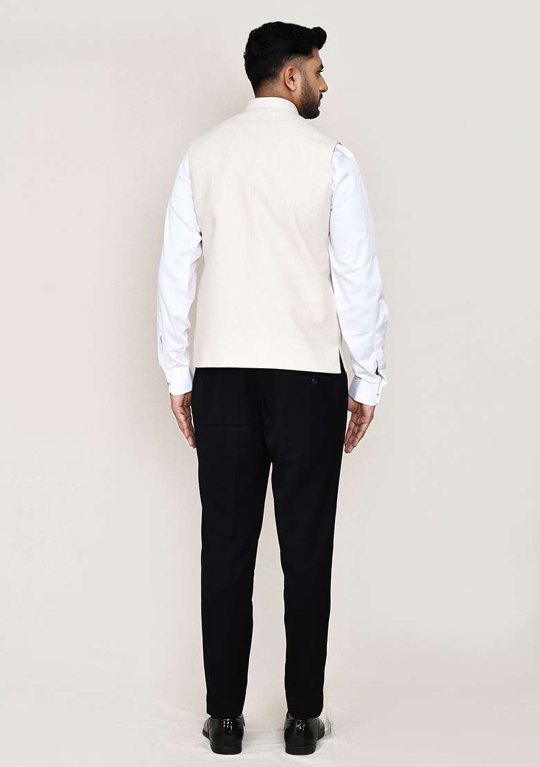 Cream Plain  Cotton Nehru Jacket  For Men - Indya